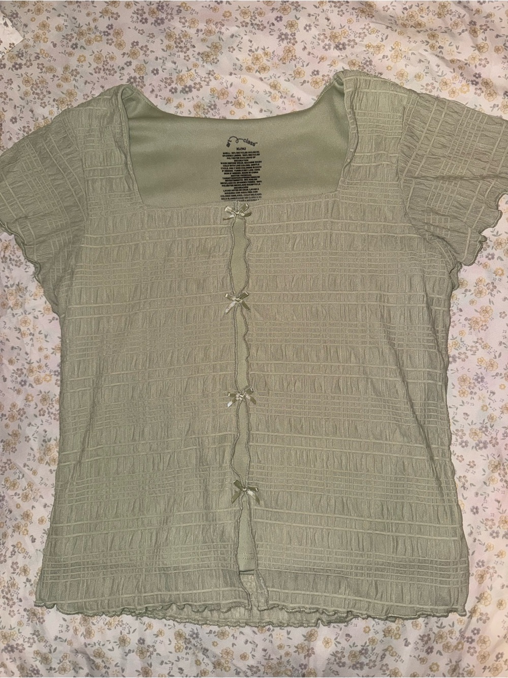 art class Sage Green Smocked Crop Top with Bow Front